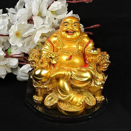 HC VILLA Feng Shui Laughing Buddha Happy Man for Happiness and Money Wealth Sitting on Chair, Golden - Image 2