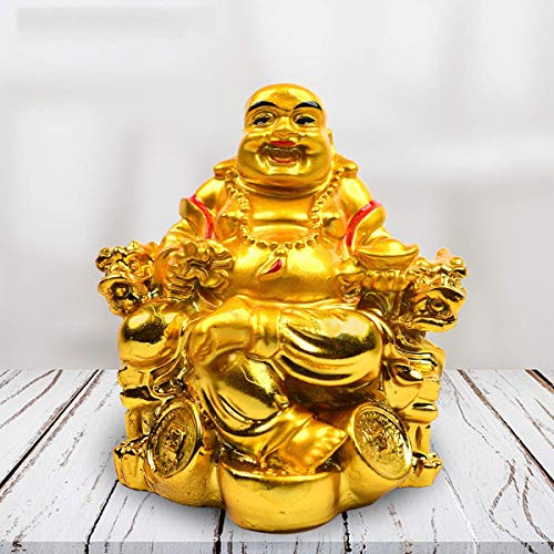 HC VILLA Feng Shui Laughing Buddha Happy Man for Happiness and Money Wealth Sitting on Chair, Golden - Image 4