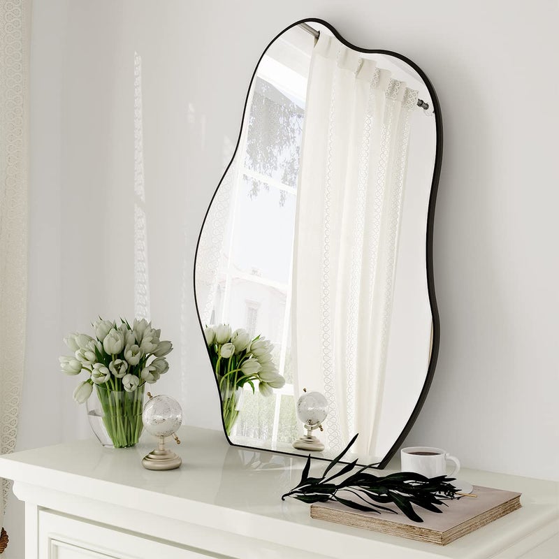 HARRITPURE Irregular Bathroom Mirror 20x28 Black Modern Wall Mirror Wood Framed Asymmetrical Decorative Mirrors for Bedroom Living Room Entryway