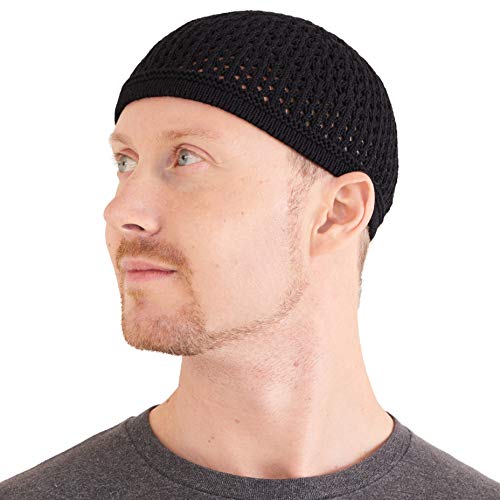 Charm 100% Cotton Skull Caps for Men, Knit Kufi Hat for Muslim Prayer, Women's Mesh Crochet Beanie, Ideal Head Wear During Summer Black - Image 1