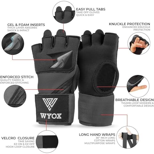 WYOX Gel Boxing Hand Wraps Inner Gloves for Men & Women, 80cm Quick Wrist Straps, Padded Knuckle Protection for Muay Thai Kickboxing, Hand Wraps for Boxing & Martial Arts (Grey, S/M) - Image 2