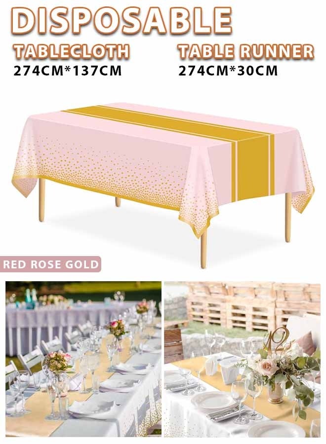 Poxvalzor Disposable Tablecloths and Satin Table Runner Set Pink and Gold Dot Tablecloth Gold Satin Table Runner Disposable Table Cover for Wedding Birthday Baby Shower Anniversary Ramadan New Year Party Supplies - Image 1
