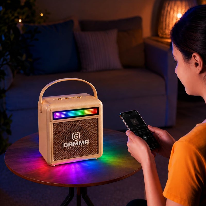 GT-715 Portable Wireless Speaker, 20W Stereo Sound, Bluetooth Audio Streaming, RGB Lighting, USB, TF Card & AUX Playback, 2400mAh Rechargeable Battery, Carry Handle – Beige. - Image 2