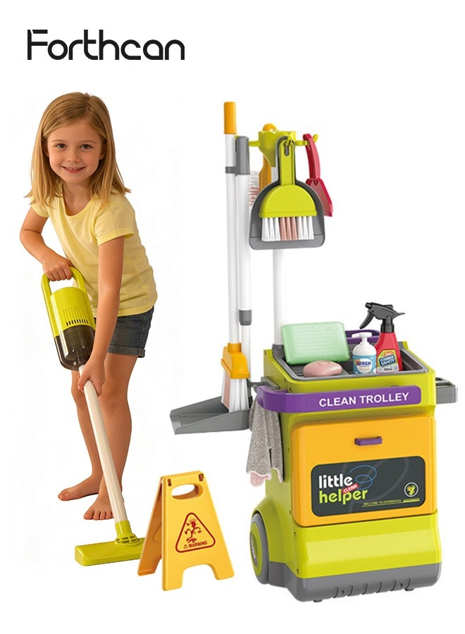 Forthcan 20-Piece Kids Cleaning Trolley Set with Electric Vacuum Cleaner, Pretend Play Household Cleaning Tools for Boys & Girls - Image 1