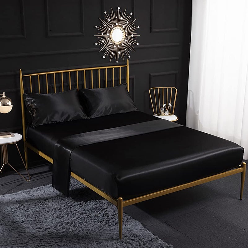 Thmyo Satin Bed Sheet SetExtra Soft Deep Pocket Silky Satin Sheet Set with 1 Fitted Sheet 1 Flat Sheet  2 Pillow Cases 4Piece Black Full