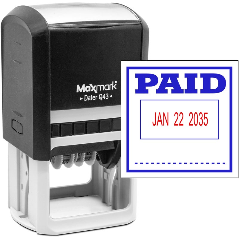 MaxMark Q43 Large Size Date Stamp with Paid Self Inking Stamp  2 Color BlueRed Ink