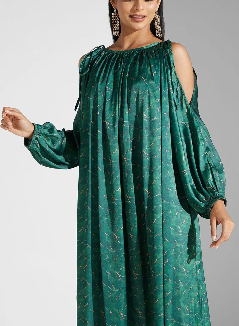 سنوار Cold Shoulder Puff Sleeve Tiered Dress