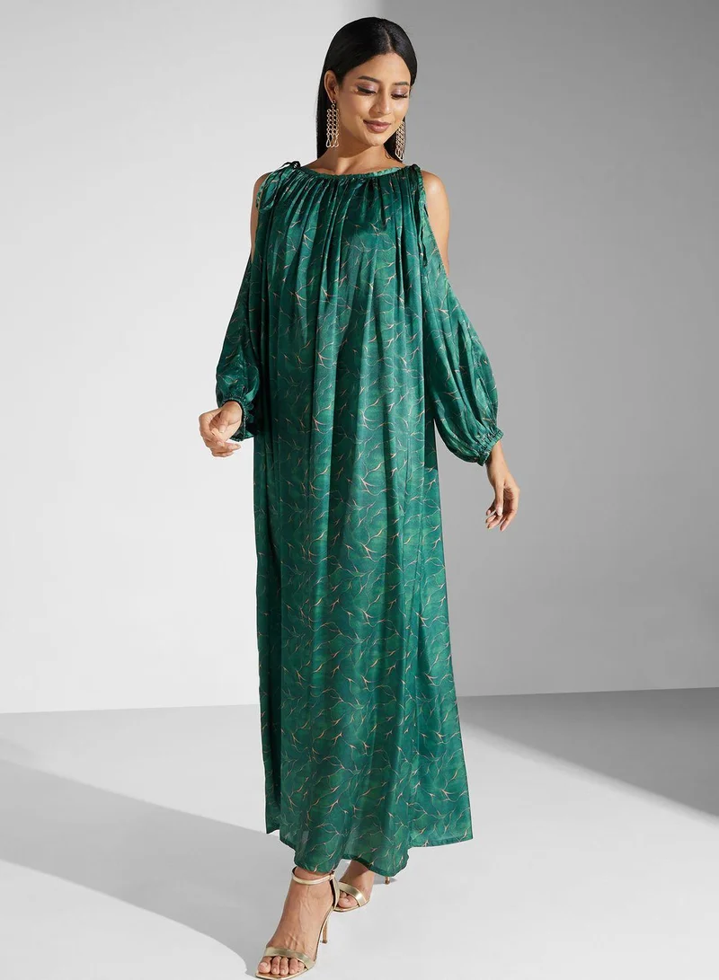 سنوار Cold Shoulder Puff Sleeve Tiered Dress
