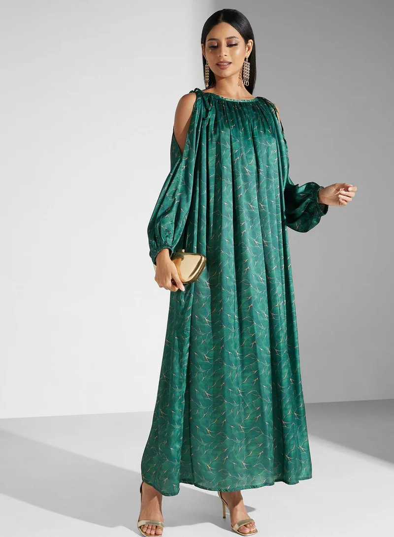 سنوار Cold Shoulder Puff Sleeve Tiered Dress