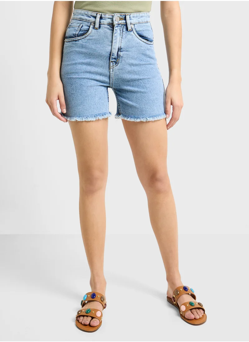 جينجر High Waist Denim Shorts With Frayed Hem