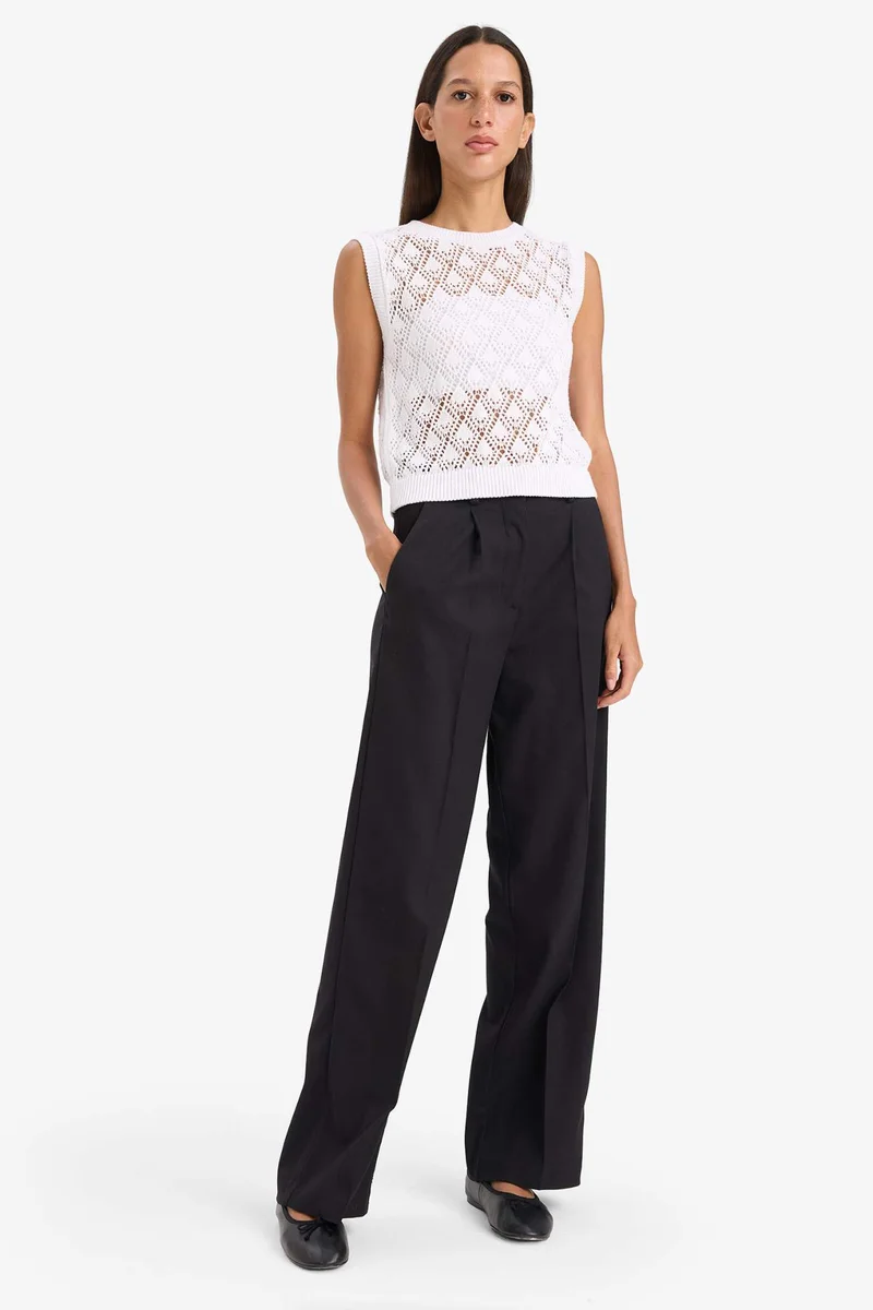 ديفاكتو Regular Fit Openwork Knitted Sleeveless Blouse