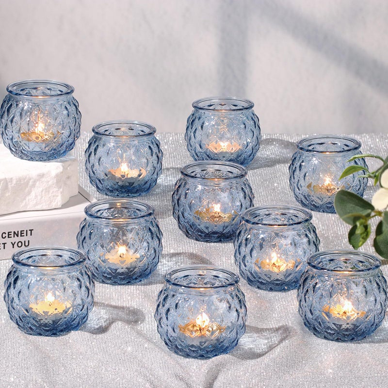 DARJEN Blue Votive Candle Holders Set of 24- Round Glass Candle Holders Bulk for Tea Light Candle, Diamond Texture Candle Votives for Wedding Centerpiece, Party & Home Decor - Image 1