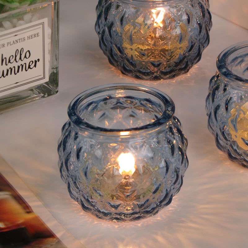 DARJEN Blue Votive Candle Holders Set of 24- Round Glass Candle Holders Bulk for Tea Light Candle, Diamond Texture Candle Votives for Wedding Centerpiece, Party & Home Decor - Image 4