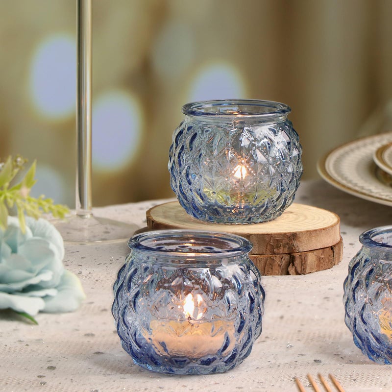DARJEN Blue Votive Candle Holders Set of 24- Round Glass Candle Holders Bulk for Tea Light Candle, Diamond Texture Candle Votives for Wedding Centerpiece, Party & Home Decor - Image 5