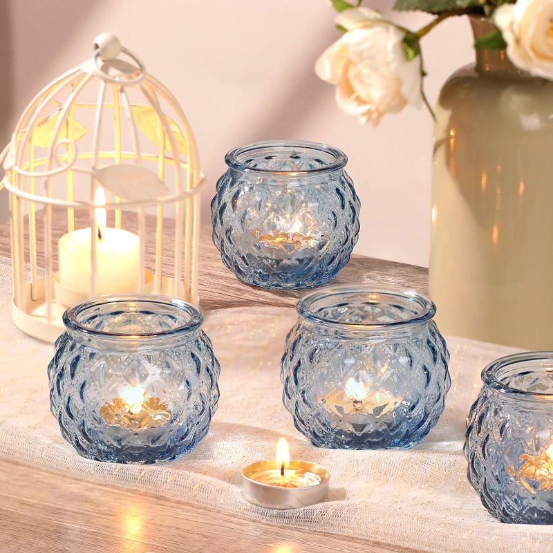 DARJEN Blue Votive Candle Holders Set of 24- Round Glass Candle Holders Bulk for Tea Light Candle, Diamond Texture Candle Votives for Wedding Centerpiece, Party & Home Decor - Image 3