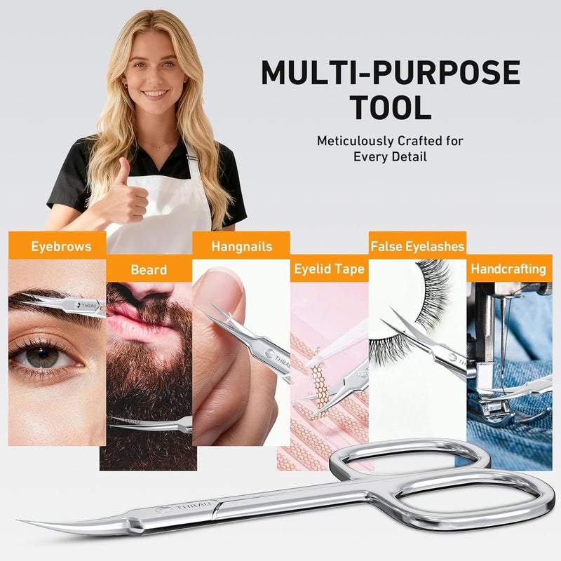 THRAU Cuticle Scissors Extra Fine for Manicure and Pedicure, Curved Blade Nail Scissors, Precise Pointed Tip Grooming Kit for Eyebrow, Eyelash, Trim Nail and Dry Skin, Small Scissors - Image 3