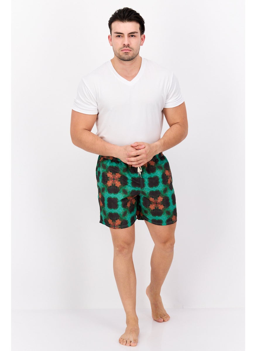 Paperbacks - Men Abstract Print Drawstring Board Shorts, Green - Image 1