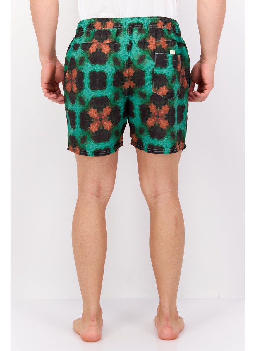 Paperbacks - Men Abstract Print Drawstring Board Shorts, Green - Image 1