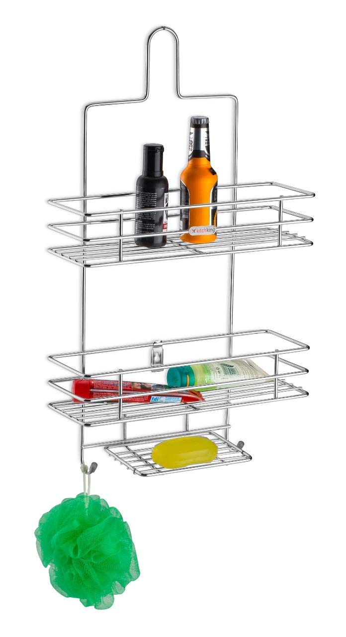 PRETOX 3 Tier Bathroom Shelf Hanging Shower Head Caddy Holder Organizer Metal Chrome Plated Storage for Shampoo Conditioner Soap Towel