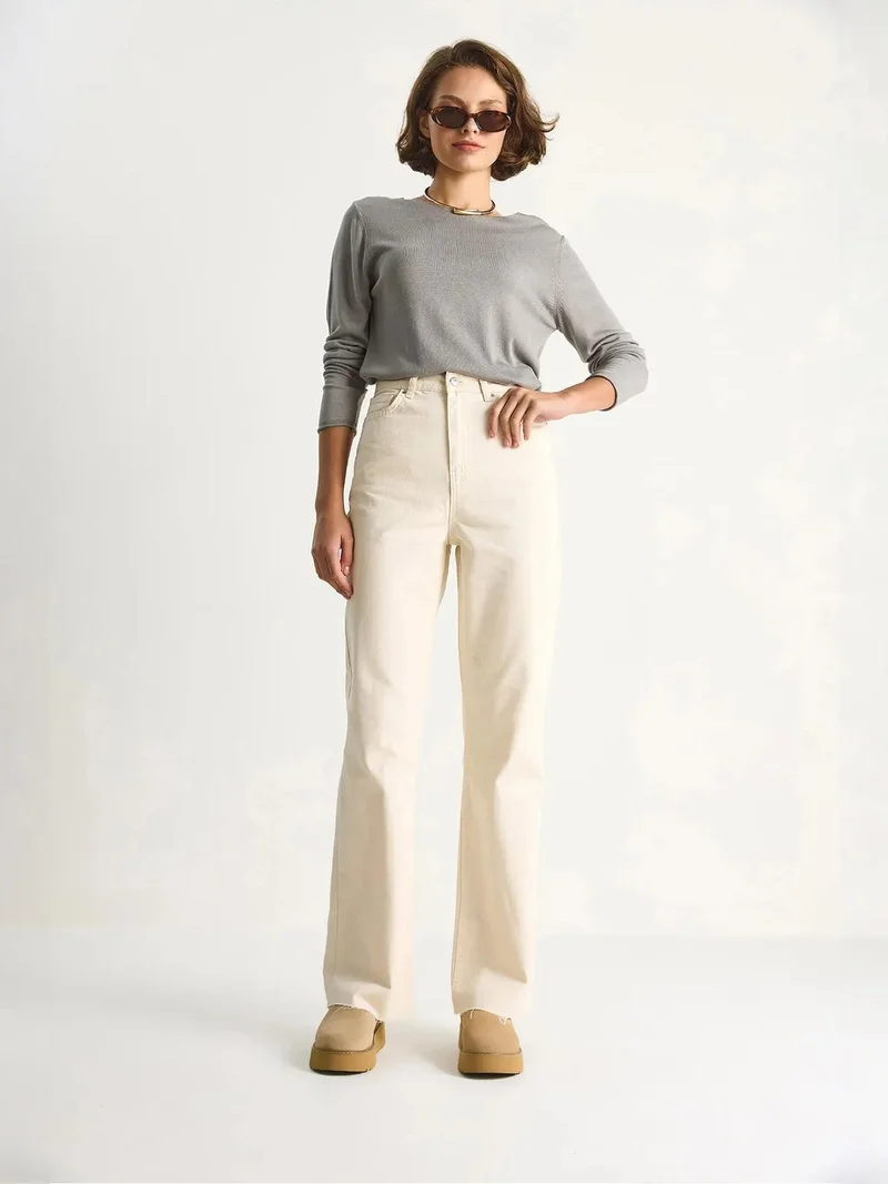 Bianco Lucci Beige Natural LUCCI High Waist Straight Leg Denim Pants for Women | Best Price UAE
