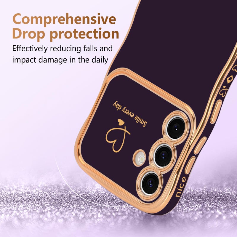 LCHULLE for Samsung Galaxy S24 Case for Women Girls, Cute Wave Frame Curly Shape with Love Heart Raised Camera Protection Cover Luxury Plating Shockproof Phone Case for Galaxy S24 5G, Dark Purple - Image 3
