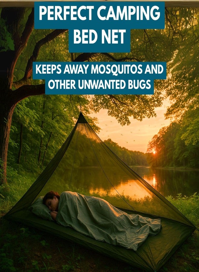 The Friendly Swede Outdoor Mosquito Net - Mosquito Netting for Camping & Bed; Army Green Bug Net with Stuff Sack, 4 Ground Stakes & Adjustable Cord; Single Bug Tent - Image 2