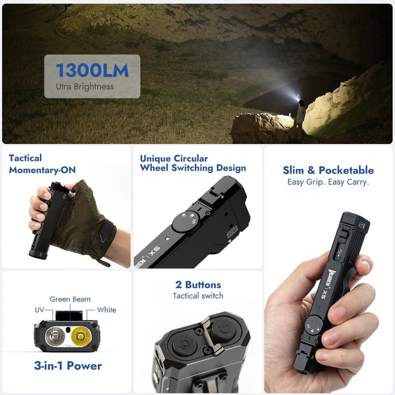 Wuben X5 1300Lm 3-in-1 White/UV/0.35mW Laser Flashlight 6 Modes, IP65, Flat Tactical EDC W/Clip, Camping Outdoor Emergency - Image 4