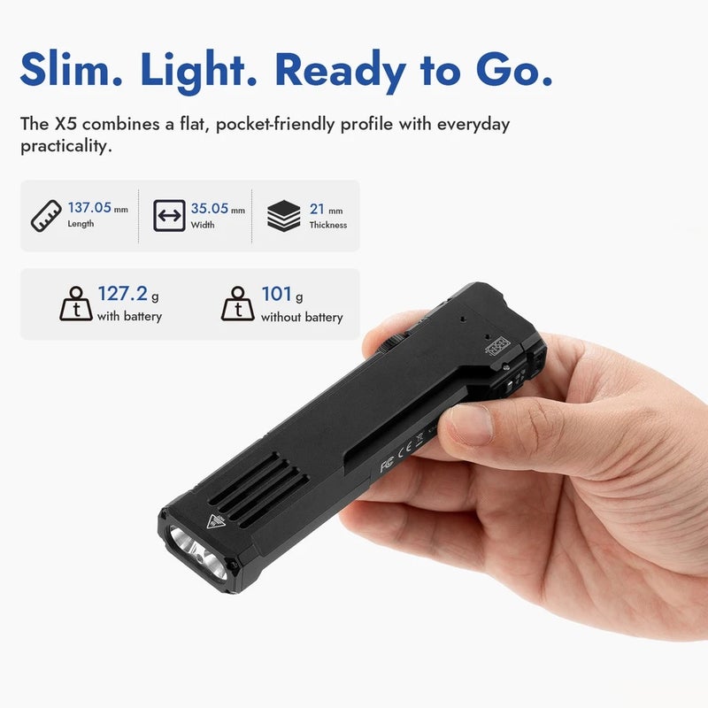 Wuben X5 1300Lm 3-in-1 White/UV/0.35mW Laser Flashlight 6 Modes, IP65, Flat Tactical EDC W/Clip, Camping Outdoor Emergency - Image 5