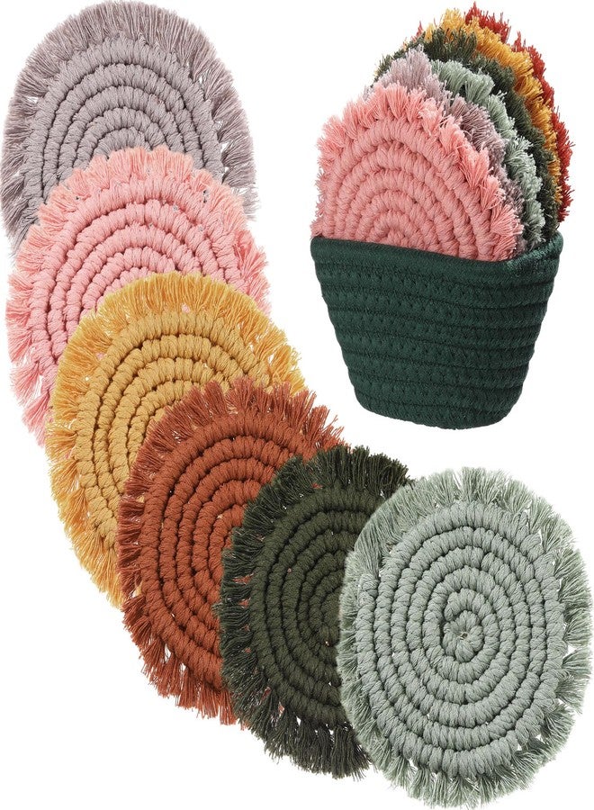 FoldTier 6 Pcs Coasters for Drinks Absorbent Boho Cotton Woven Coaster Farmhouse Tassel Macrame Coaster with Holder Housewarming Gift for Kitchen Office Coffee Table Decor, 4 in (Mix Color) - Image 1