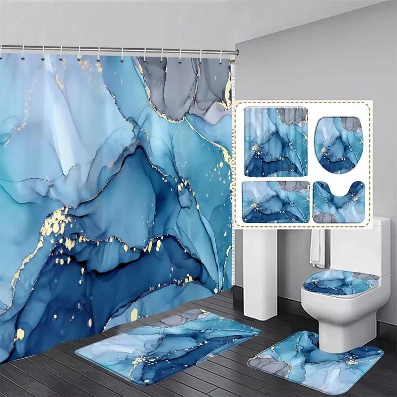 Bluejw Luxury Abstract Marble Shower Curtain Rug Set Natural Fluid Texture Waterproof Shower Curtains Set - Image 4