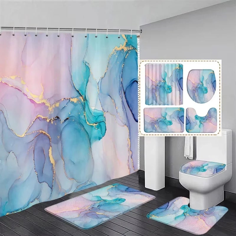 Bluejw Luxury Abstract Marble Shower Curtain Rug Set Natural Fluid Texture Waterproof Shower Curtains Set - Image 5