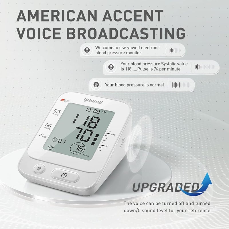 yuwell Blood Pressure Monitor, Large Upper Arm Blood Pressure Cuff, Digital Blood Pressure Machine for Home Use, Large Display, Stores 99 Readings, Voice Broadcasting with Power Adapter and Batteries - Image 5