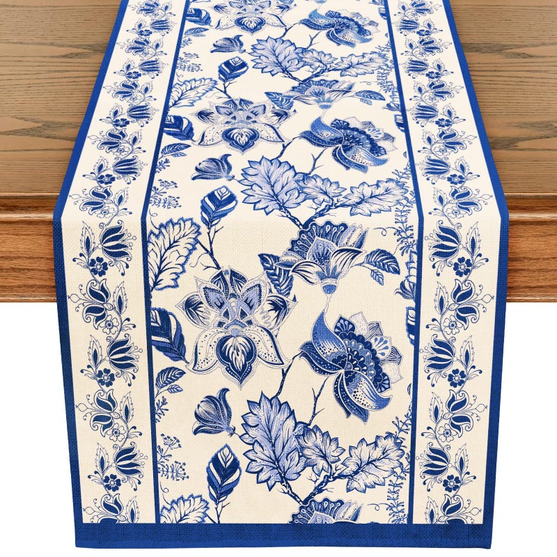 WRAPAHOLIC Blue Floral Table Runner  13 x 72 Inch  Seasonal Spring Summer Farmhouse Indoor Kitchen Anniversary Wedding Dining Table Decorations for Home Party