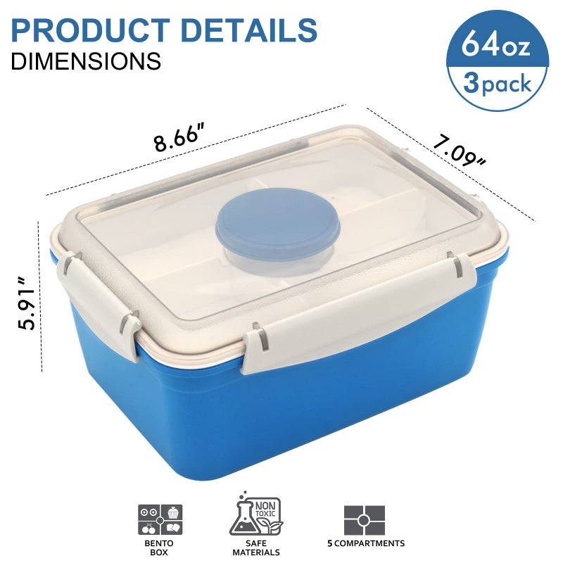 shopwithgreen 64 OZ Salad Containers To Go for Lunch (3 Pack)  Bento Box with Dressing Pots & 5-Compartment Removable Tray  Microwave and Dishwasher Safe  BPA-free - Image 3