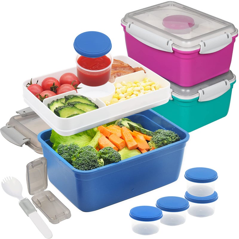 shopwithgreen 64 OZ Salad Containers To Go for Lunch (3 Pack)  Bento Box with Dressing Pots & 5-Compartment Removable Tray  Microwave and Dishwasher Safe  BPA-free - Image 1