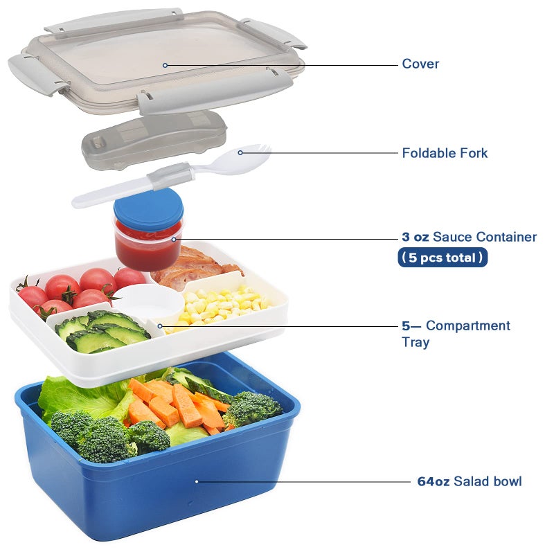 shopwithgreen 64 OZ Salad Containers To Go for Lunch (3 Pack)  Bento Box with Dressing Pots & 5-Compartment Removable Tray  Microwave and Dishwasher Safe  BPA-free - Image 2