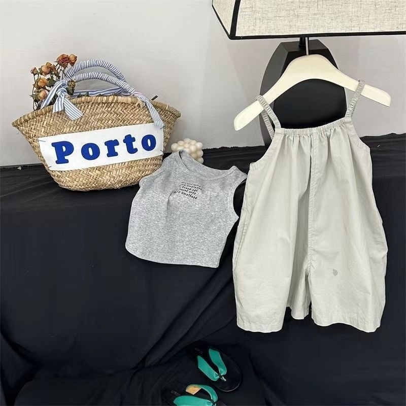 Girls 2025 Summer Suspenders, Stylish Overalls, Casual Suits, Korean Style Baby Girl Sleeveless Vest Two-Piece Set, Trendy - Image 2