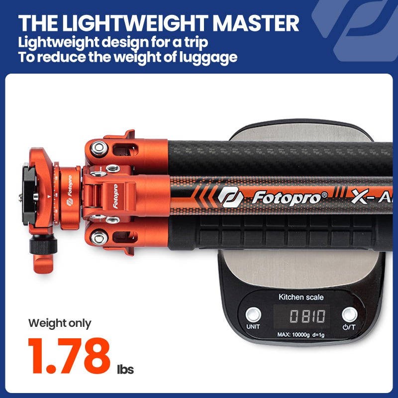 Fotopro Carbon Fiber Tripod 1.7lbs Ultralight 62 Inch Portable Compact Travel Tripod for Camera DSLR Load up to 22lbs X-Aircross 3 Lite Orange - Image 2