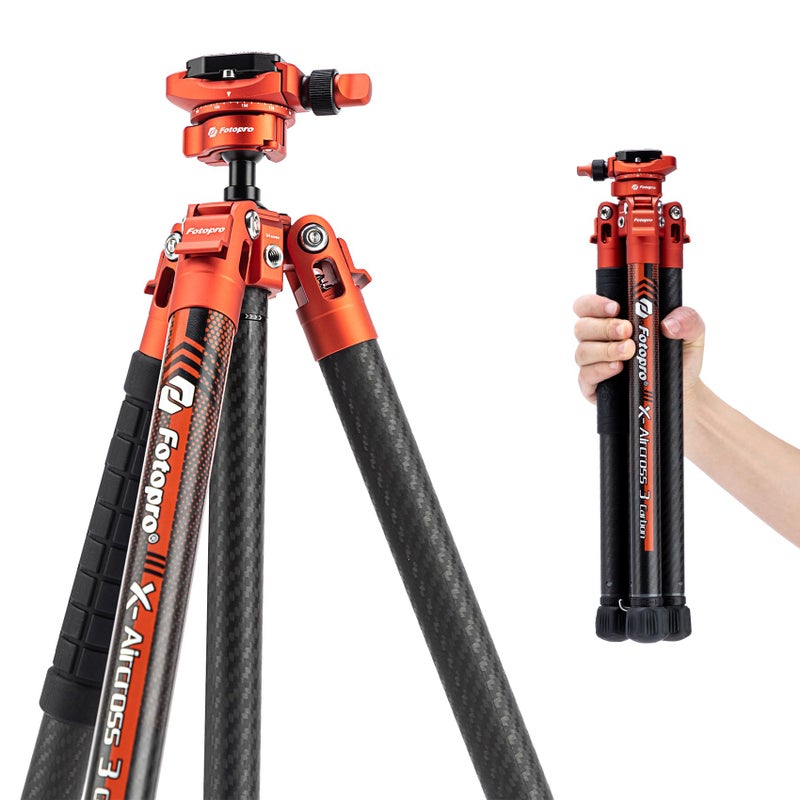 Fotopro Carbon Fiber Tripod 1.7lbs Ultralight 62 Inch Portable Compact Travel Tripod for Camera DSLR Load up to 22lbs X-Aircross 3 Lite Orange - Image 1