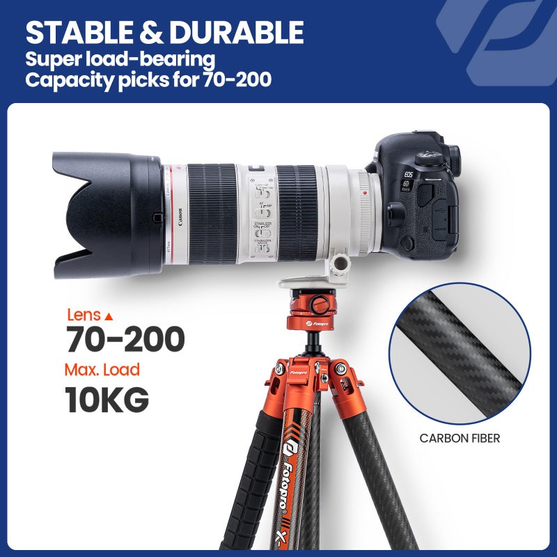 Fotopro Carbon Fiber Tripod 1.7lbs Ultralight 62 Inch Portable Compact Travel Tripod for Camera DSLR Load up to 22lbs X-Aircross 3 Lite Orange - Image 5