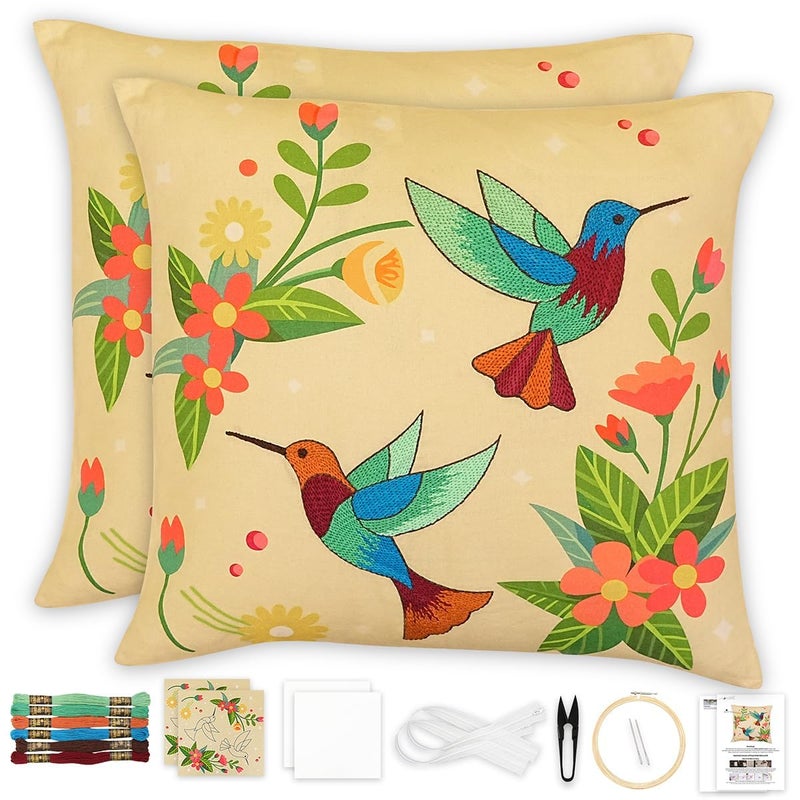 picknMAKE Beginners for Set Kit Embroidery Hand Cover Cushion DIY 2 of Pack – Covers Pillow/Cushion Handmade Bliss Hummingbird | Decor Home | 16"x16" | Pattern Printed Digitally | Included Materials All - Image 1