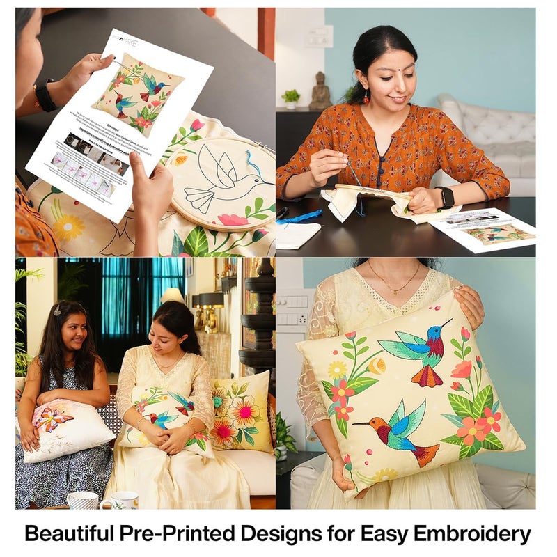 picknMAKE Beginners for Set Kit Embroidery Hand Cover Cushion DIY 2 of Pack – Covers Pillow/Cushion Handmade Bliss Hummingbird | Decor Home | 16"x16" | Pattern Printed Digitally | Included Materials All - Image 3