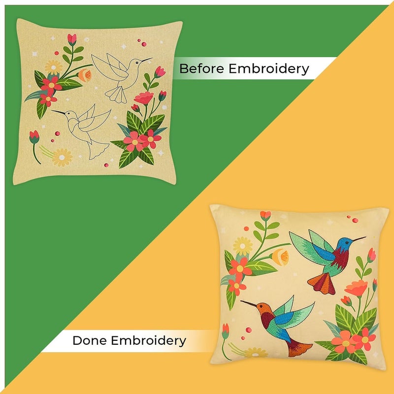 picknMAKE Beginners for Set Kit Embroidery Hand Cover Cushion DIY 2 of Pack – Covers Pillow/Cushion Handmade Bliss Hummingbird | Decor Home | 16"x16" | Pattern Printed Digitally | Included Materials All - Image 4