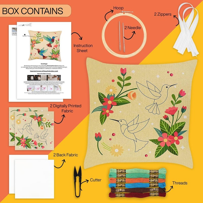 picknMAKE Beginners for Set Kit Embroidery Hand Cover Cushion DIY 2 of Pack – Covers Pillow/Cushion Handmade Bliss Hummingbird | Decor Home | 16"x16" | Pattern Printed Digitally | Included Materials All - Image 2