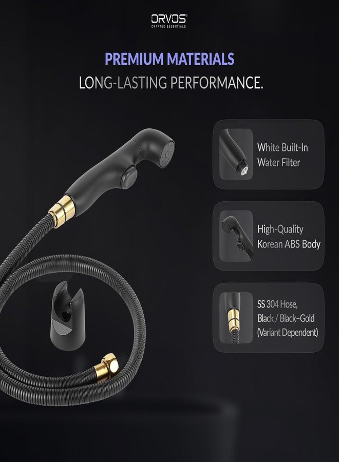 Orvos Premium Health Faucet, Swivel, ABS Outer Body with Brass Pin Inside, Black Color, with Black and Golden 1 to 1.2 Meter Extendable SS 304 Shower Hose and Wall Hook, 360 Degree Rotatable Top - Image 4