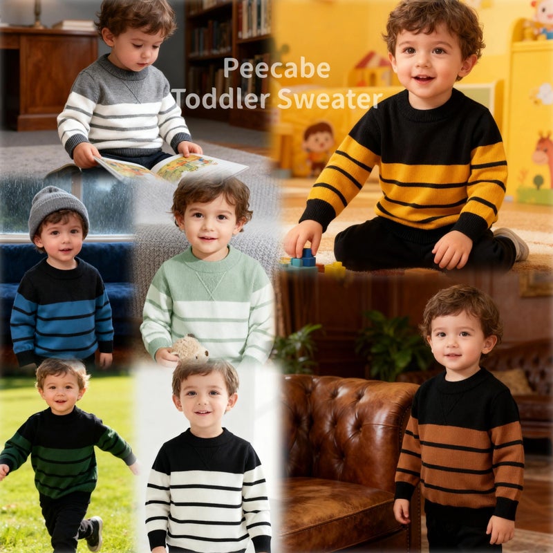 Peecabe Toddler Baby Cable Knit Sweater for Boys Long Sleeve Crewneck Striped Cotton Pullover Sweatshirt Fall Winter 1-5T (2T, Gray) - Image 2