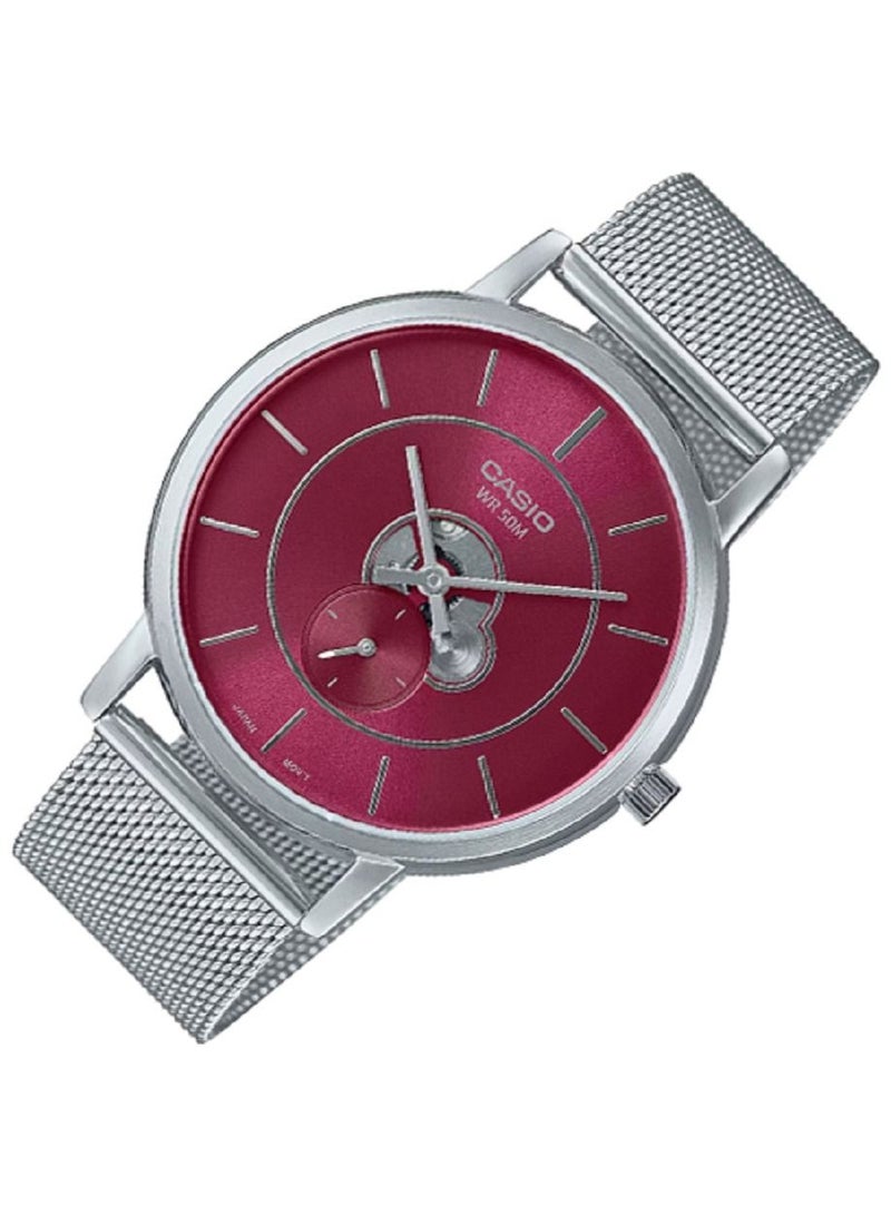 Casio Men Watch - Analog Inner Workings Dial Red Dial Stainless Steel Mesh Band MTP-B130M-4AVDF. - Image 3