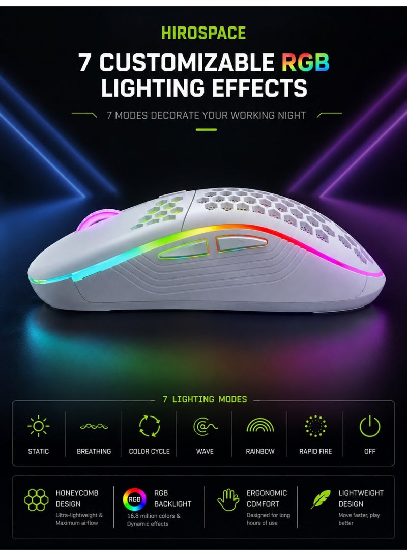 Hirospace Game mouse, honeycomb perforated design game mouse, ergonomic wired mouse with RGB backlight, laptop, computer, personal computer, RGB game mouse, white - Image 1