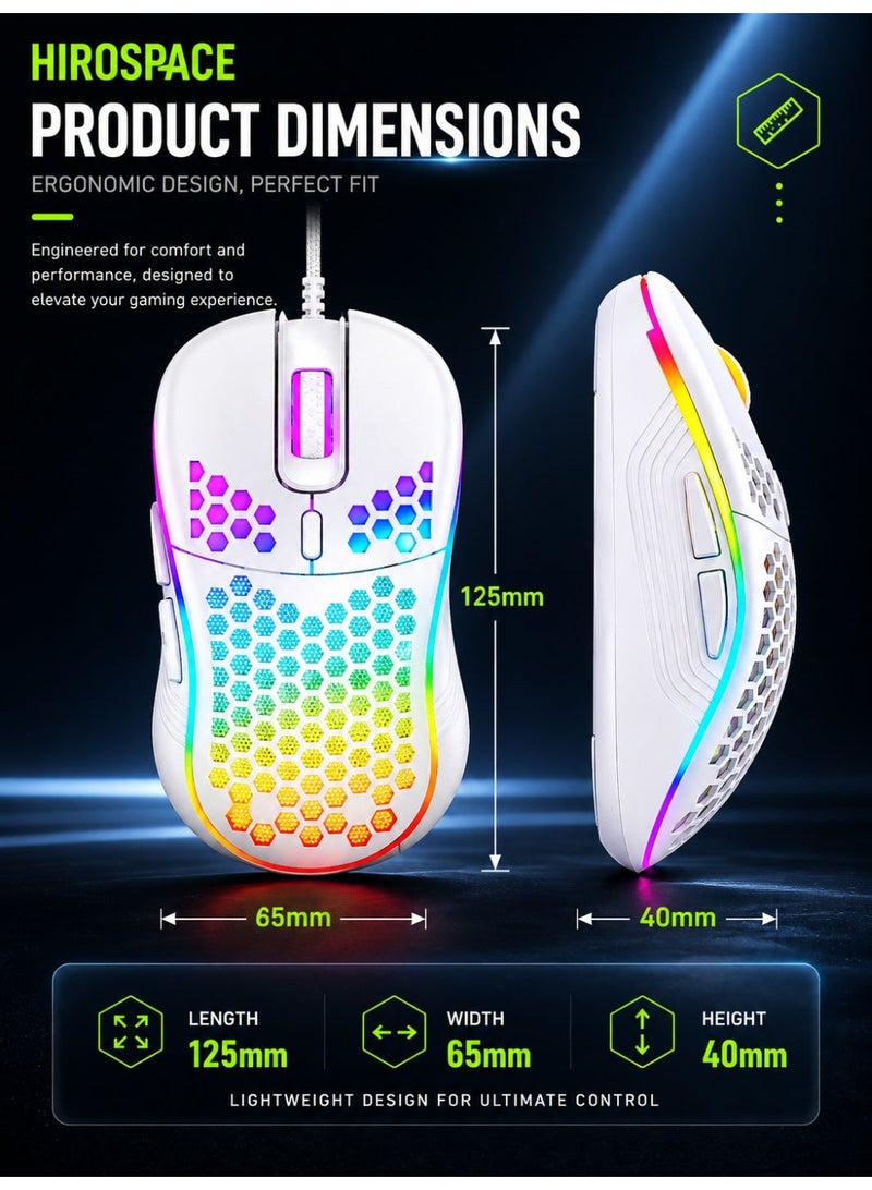 Hirospace Game mouse, honeycomb perforated design game mouse, ergonomic wired mouse with RGB backlight, laptop, computer, personal computer, RGB game mouse, white - Image 5