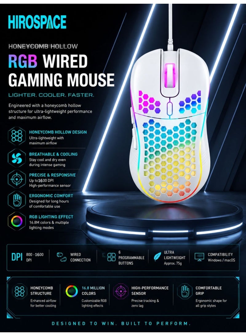 Hirospace Game mouse, honeycomb perforated design game mouse, ergonomic wired mouse with RGB backlight, laptop, computer, personal computer, RGB game mouse, white - Image 2
